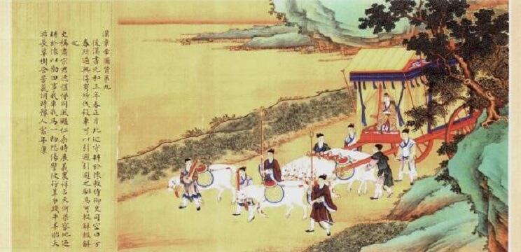 姜子牙坐在车里,文王拉着纤绳拖着车,总共走了八百零八步